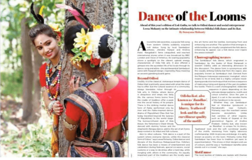 Close-up photograph of woman in traditional Indian attire adorned with flowers and jewelry looking over shoulder, outdoors with trees in background, text-heavy article titled 'Dance of the Looms' with subheadings visible
